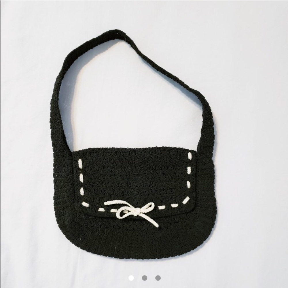 Black Crochet Mini Shoulder Bag with White Stitch Detail vintage